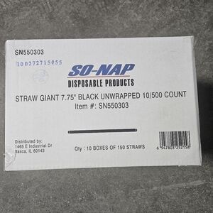 Case of 1500 SO-NAP Giant 7.75" Black Plastic Straws - Unwrapped Bulk Refill